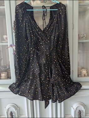 miami Black Dress with Gold Celestial Print Wrap